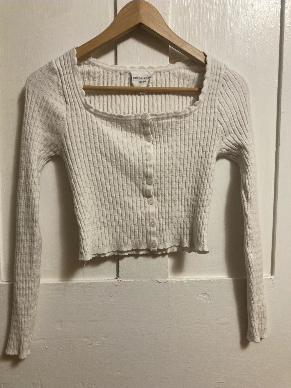Willow & Wind Ivory Ribbed Square-Neck Button Crop Top - Long Sleeve
